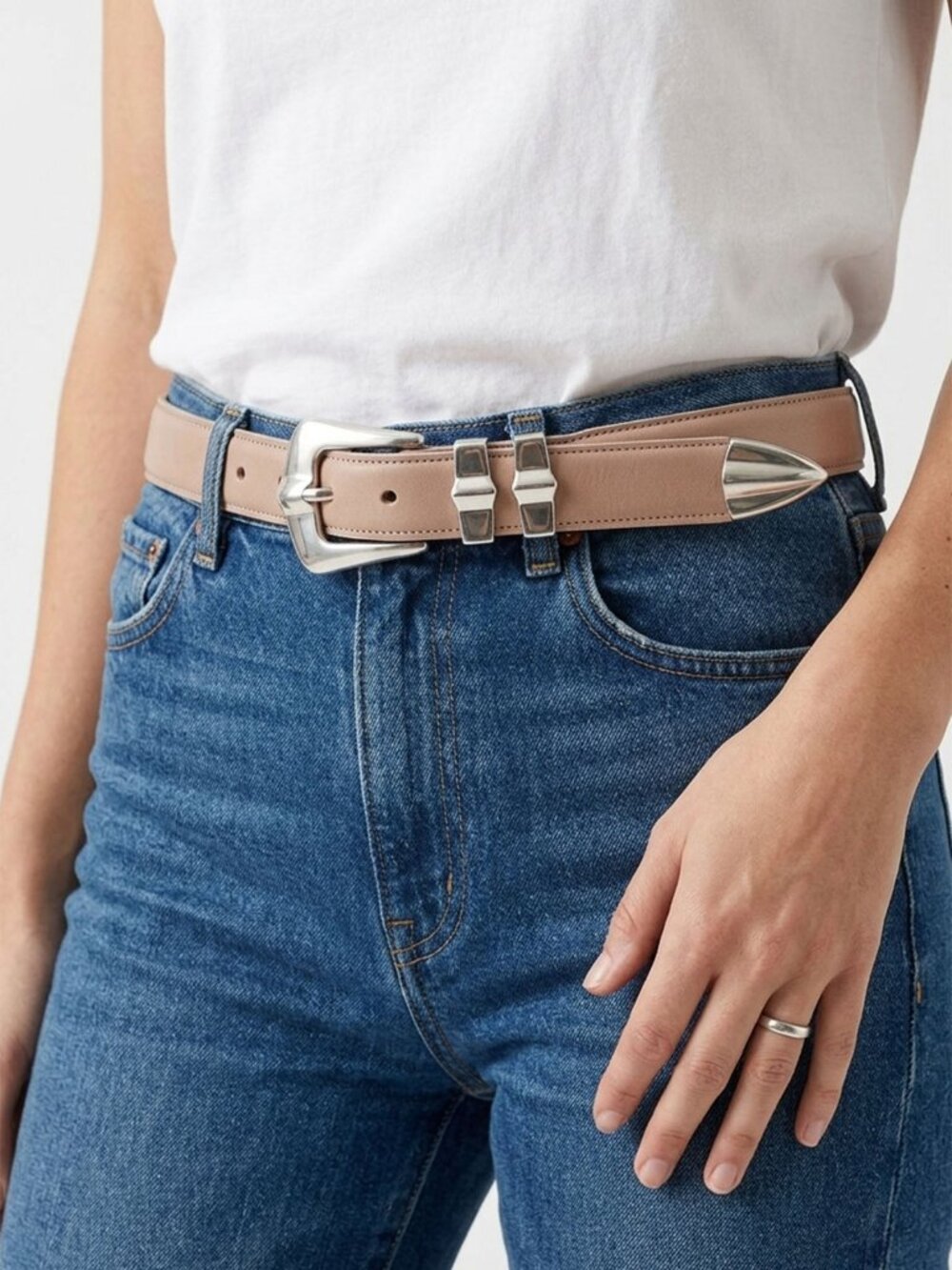 Bench Craft Leather Belt Beige Silver Buckle Double Loop Metal Pointed Tip 38